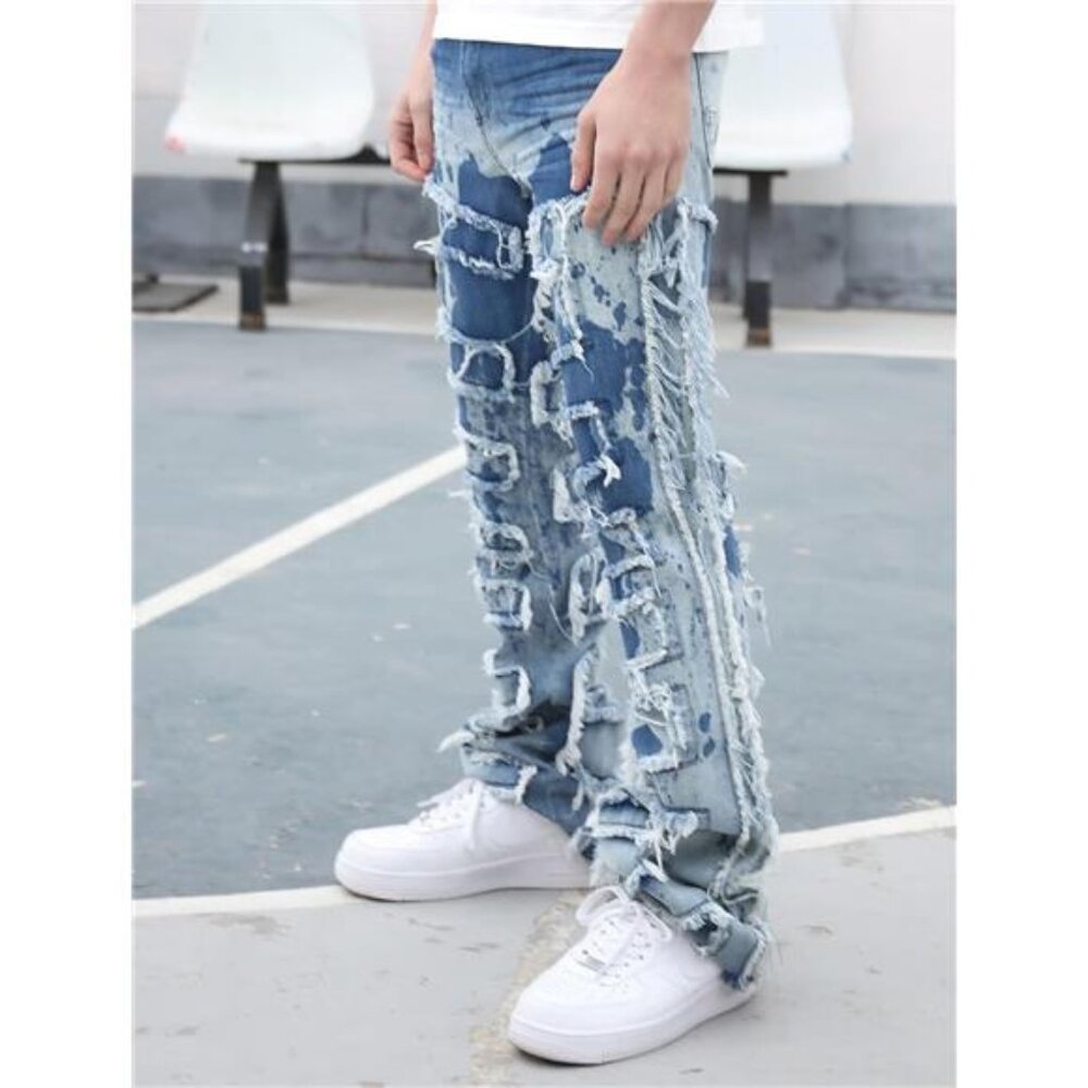 New w Tags Men's Ripped Bootcut Jeans Slim Fit Bell Bottom Ripped Flared Denim - Picture 2 of 7